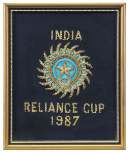 A collection of individually mounted and framed cricket blazer pocket patches including Hong Kong 1963-71, Canada, Malaysia, United States of America Cricket Association, Sri Lanka Cricket, Singapore Cricket Association, Perak Cricket Association, New Zea