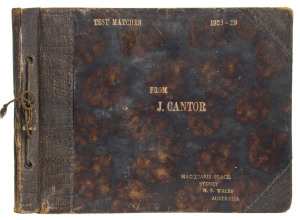 A leather-bound album containing 10 large-format silver bromide photographs (20.5 x 26.5cm) of scoreboards of the Test Matches in Australia, 1928-29 as displayed by J.Cantor in their restaurant in Macquarie Place, Sydney. With gold embossed details to fro