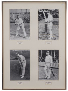 PHOTOGRAPHS: Nineteen (19) b&w photographs, circa 1980, of Australian cricketers, each approx. 27 x 19cm and mounted together in 5 large frames, each portrait with a legend beneath. The players depicted include Lindsay Hassett, Richie Benaud, Bill Lawry, 