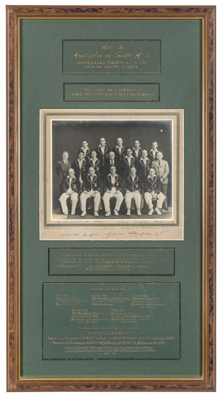 1935-36 AUSTRALIA IN SOUTH AFRICA: AUSTRALIA'S FIRST FULL SCALE TOUR OF SOUTH AFRICA attractively headed display incorporating an official team photograph fully signed in the lower margin