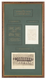 1938 AUSTRALIAN TOUR TO THE UNITED KINGDOM attractively presented display incorporating a fully signed team sheet (with 16 autographs) and the team photo as published by the "News Chronicle" and "The Star". Beautifully hand-annotated in black and gold on 