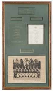1957-58 AUSTRALIA in SOUTH AFRICA - The Fifth Australian Cricket Team to tour South Africa undefeated, attractive presentation incorporating a fully signed official team sheet together with an official team photograph fully signed in the margins (includin