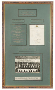 1956-57 AUSTRALIAN TOUR TO THE UNITED KINGDOM, PAKISTAN & INDIA attractively headed display incorporating a fully signed official team sheet and an official team photograph (with printed legend below) all mounted and annotated in black and gold on green a