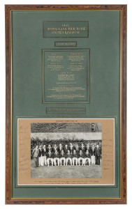 1953 AUSTRALIAN TOUR TO THE UNITED KINGDOM attractively headed display featuring an official team photograph (from the Arthur Morris collection) with title and names printed on the mount and signed by the touring party (excluding Alan Davidson) to the lef