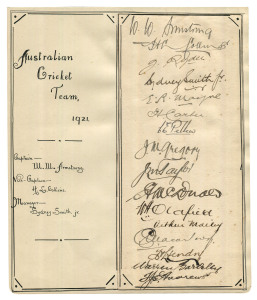 THE AUSTRALIANS IN ENGLAND 1921: An attractively presented card signed by the Australian touring squad of 13 players plus manager, Sydney Smith, Jack Ryder and Edgar Mayne, neither of whom appeared in any of the Tests).