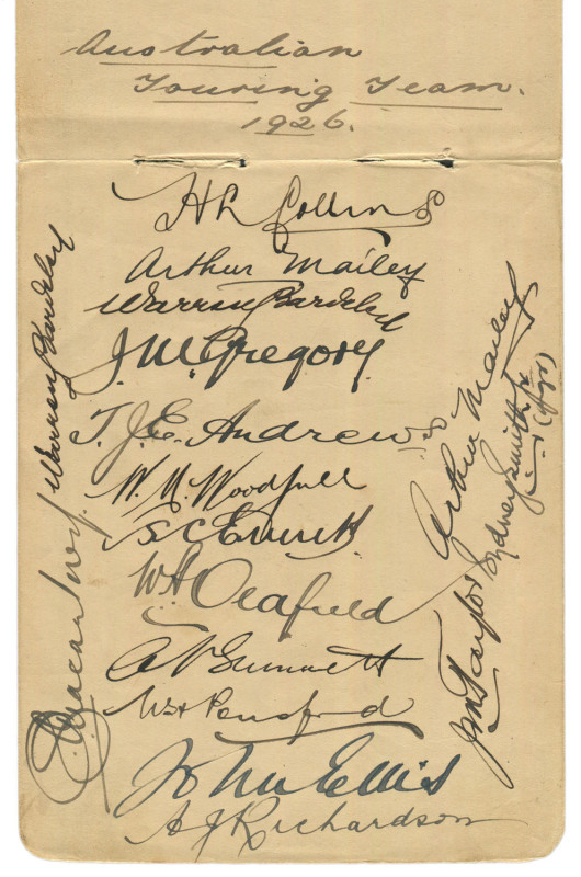 AUSTRALIA in ENGLAND 1926: An autograph page attractively signed by all 15 players and officials in the Australian Touring Squad including Collins (Captain), Mailey, Bardsley, Woodfull, Oldfield, Grimmett, Ponsford, Richardson and Macartney.In the five Te