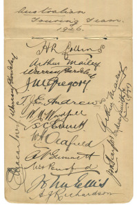 AUSTRALIA in ENGLAND 1926: An autograph page attractively signed by all 15 players and officials in the Australian Touring Squad including Collins (Captain), Mailey, Bardsley, Woodfull, Oldfield, Grimmett, Ponsford, Richardson and Macartney.In the five Te