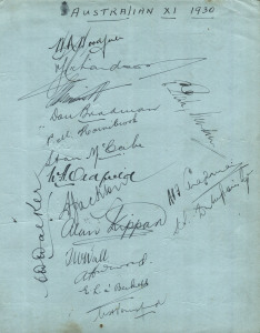 AUSTRALIA in ENGLAND 1930: A large autograph page (22 x 18cm) attractively signed in ink by the full touring squad including Hurwood and Walker, who were not selected for any of the Tests. The team led by Woodfull included Richardson, Grimmett, Bradman, M