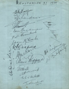 AUSTRALIA in ENGLAND 1930: A large autograph page (22 x 18cm) attractively signed in ink by the full touring squad including Hurwood and Walker, who were not selected for any of the Tests. The team led by Woodfull included Richardson, Grimmett, Bradman, M