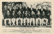 Australian Cricket Team. South African Tour, 1935-36. An official Christmas card 18x11.5cm, deckle-edged stiff card: with the Coat of Arms and green & gold corner stripes on front cover, the team portrait photograph printed on the 2nd page, Christmas and - 2