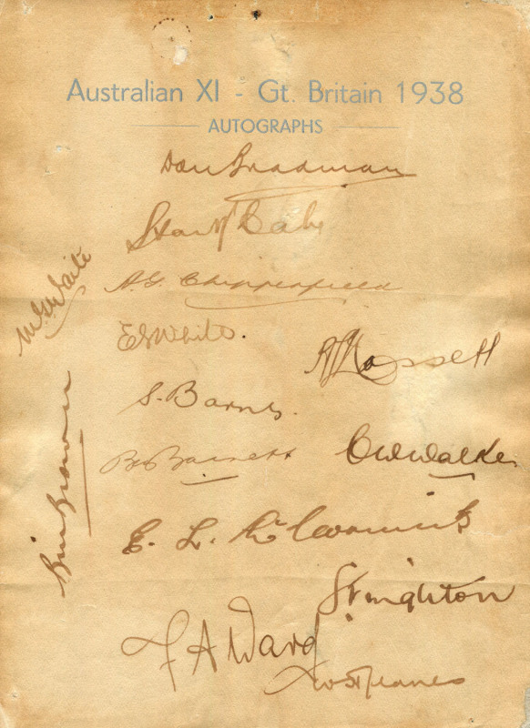 AUSTRALIAN XI - GT. BRITAIN 1938 (partially) signed official Autographs teamsheet. 14 members of the touring party have signed in pen, including Bradman, McCabe, Hassett, Barnes, Brown, Ward, Waite and Walker. Somewhat discoloured paper but all signatures