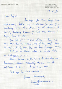 A DON BRADMAN CORRESPONDENCE: An unique correspondence between Don Bradman to Nigel Ward of Norfolk, England, who was conducting personal research into Don Bradman's ancestry during the early 1990's. The archive comprises of 49 hand and type written lette