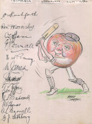 BEN BARNETT'S SENSATIONAL AUTOGRAPH BOOK FEATURING THE WORK OF ARTHUR MAILEY An autograph book titled "Australian Cricket Tour - England 1934" on the first page, followed by 18 full-page illustrations of the team members and officials in the touring party - 2