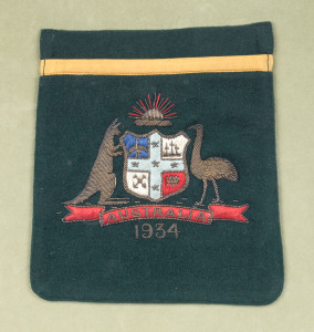 BEN BARNETT'S 1934 AUSTRALIAN TEST TEAM BLAZER POCKET with the Australian Coat of Arms and the date in superb condition. Framed and glazed, overall 29 x 27cm.