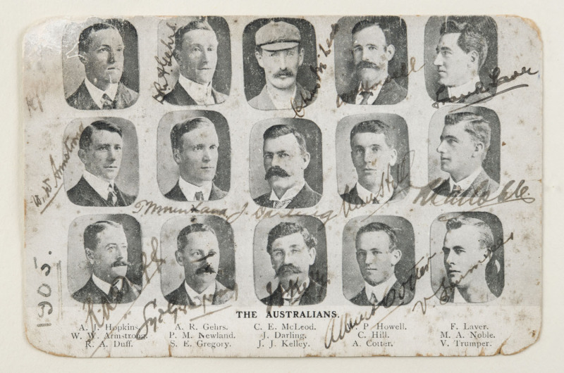 THE AUSTRALIAN TEAM in ENGLAND 1905Original real-photo postcard of the 15 in the Australian Touring Party to England, each photo-vignette signed in ink by the player; including Victor Trumper, Warwick Armstrong, Monty Noble and Frank Laver. Mounted & fram