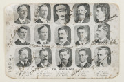 THE AUSTRALIAN TEAM in ENGLAND 1905Original real-photo postcard of the 15 in the Australian Touring Party to England, each photo-vignette signed in ink by the player; including Victor Trumper, Warwick Armstrong, Monty Noble and Frank Laver. Mounted & fram