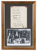 THE AUSTRALIAN TEAM IN ENGLAND 1902: Autograph page signed in ink by seven members of the team plus the team manager, including Warwick Armstrong, Monty Noble, Hugh Trumble and Clem Hill. Framed & glazed together with a reproduction image of the whole tea - 2