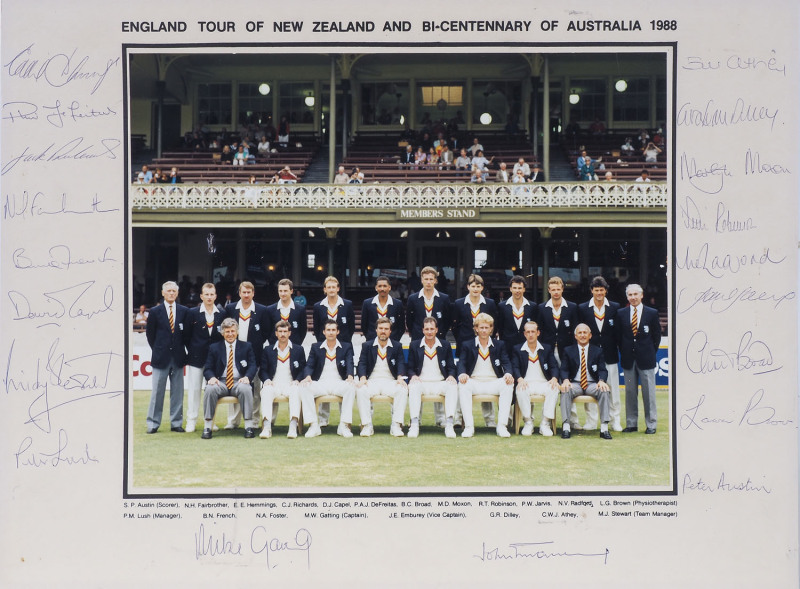 ENGLAND TOUR OF NEW ZEALAND AND BI-CENTENARY OF AUSTRALIA 1988 official team photograph signed in the margins by the team (Mike Gatting, Capt.); England Tour of Australia 1994/5 signed in the margins by the team (Mike Atherton, Capt.); New Zealand Cricket