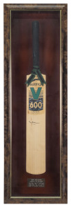 DON BRADMAN signed Slazenger V600 Test bat; attractively framed and glazed, with details of his career on a plaque below; overall 111 x 35cm.