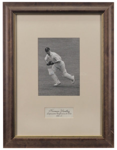 ENGLISH TEST PLAYERS: J.M.Sims bowling at Sydney, December 1936 (4 Tests, 1935-37); Norman Yardley (20 Tests, 1938-50); Reg Simpson (27 Tests, 1948-54) and Dennis Amiss (50 Tests, 1966-77) signed pictures (various sizes) attractively mounted, framed and g