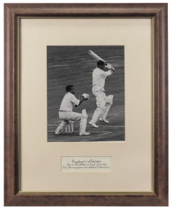 ENGLISH TEST MATCH ACTION PHOTOGRAPHS: June 1962, Graveney square cuts a ball brom Ahmed for 4; June 1965 Dexter drives a ball from Collinge; July 1965 John Edrich hits out at a ball from Motz; August 1966 Barber drives a ball from Sobers. All signed acti