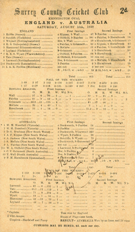BRADMAN'S 232 HELPS AUSTRALIA SECURE THE ASHES - August 1930 Surrey County Cricket Club score card, fully printed, for the ENGLAND v. AUSTRALIA fifth Test, August 16th - 22nd at The Oval.