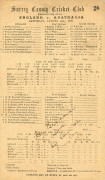 BRADMAN'S 232 HELPS AUSTRALIA SECURE THE ASHES - August 1930 Surrey County Cricket Club score card, fully printed, for the ENGLAND v. AUSTRALIA fifth Test, August 16th - 22nd at The Oval.