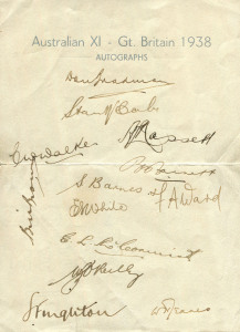 AUSTRALIAN XI - GT. BRITAIN 1938 (partially) signed official Autographs teamsheet. 13 members of the touring party have signed in pen, including Bradman, McCabe, Hassett, Barnes, Brown, O'Reilly and Fingleton.