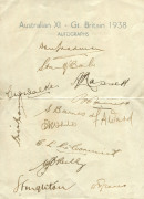 AUSTRALIAN XI - GT. BRITAIN 1938 (partially) signed official Autographs teamsheet. 13 members of the touring party have signed in pen, including Bradman, McCabe, Hassett, Barnes, Brown, O'Reilly and Fingleton.