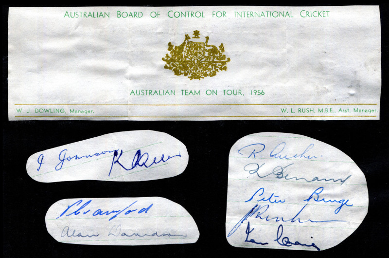 1956 AUSTRALIAN TEST TEAM signatures (17) on cut-down parts of the official teamsheet; mounted to the front and back of a black card. Includes Keith Miller, Richie Benaud, Alan Davidson, Ian Craig and Neil Harvey.