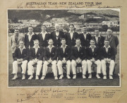 1946 AUSTRALIAN TOUR TO NEW ZEALAND: Official team photograph (by C.P.S. Boyer, Wellington) signed by the 14 members of the touring party, led by captain, Bill Brown and including Keith Miller, Ron Hamence, Don Tallon, Bill O'Reilly, Sid Barnes and Ray Li - 2