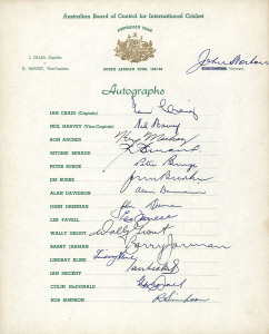 AUSTRALIA in SOUTH AFRICA 1957-97: A group of four fully signed Australian team sheets comprising the 1957-58 Tour (Ian Craig, Capt.), the 85/87 Tour (Kim Hughes, Capt.), the 1994 Tour (Allan Border, Capt.), and the 1997 Tour (Mark Taylor, Capt.) with 74 