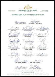 AUSTRALIAN TEAM SHEETS comprising 1993 Tour of England (Alan Border, Capt.) with 21 signatures; 1997 Australian Ashes Touring Party (Mark Taylor, Capt.) with 22 signatures; and 2004 Test Tours of Sri Lanka, Zimbabwe & India (Ricky Ponting, Capt.) with 21 