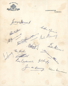 THE AUSTRALIAN TEAM IN LAUNCESTON, MARCH 1953, EN ROUTE TO ENGLANDThe 1953 Australian Team, 'Brisbane Hotel, Launceston' letterhead with 16 signatures in pen including Lindsay Hassett, Ray Lindwall, Don Tallon, Neil Harvey, Arthur Morris, Keith Miller, Ra