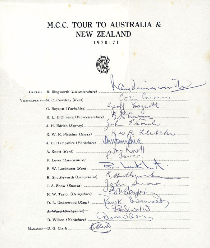 M.C.C. IN AUSTRALIA: A collection of Official Team Sheets comprising M.C.C. Tour to Australia & New Zealand 1970-71 (Illingworth, Capt.) with 17 signatures; M.C.C. Tour to Australia and New Zealand 1974 - 1975 (Denness, Capt.) with 19 signatures; M.C.C. T