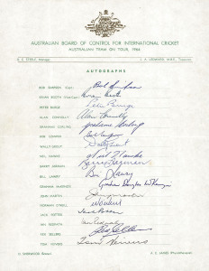 1964 Australian Team, official team sheet with 17 signatures including Bob Simpson (Capt.), Brian Booth, Tom Veivers, Bill Lawry, Graham McKenzie, Alan Connolly and Ian Redpath.