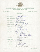 1964 Australian Team, official team sheet with 17 signatures including Bob Simpson (Capt.), Brian Booth, Tom Veivers, Bill Lawry, Graham McKenzie, Alan Connolly and Ian Redpath.