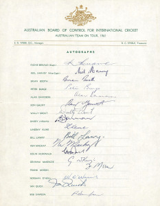 1961 Australian Team, official team sheet with 17 signatures including Richie Benaud (captain), Neil Harvey, Graham McKenzie, Bill Lawry, Wally Grout & Bob Simpson. 