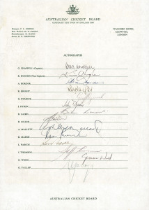 AUSTRALIAN TEAM SHEETS comprising 1980 Centenary Test Tour of England (Greg Chappell, Capt.) with 14 signatures; 1981 U.K. and Sri Lanka Tour (Kim Hughes, Capt.) with 20 signatures; 1985 Tour to England (Alan Border, Capt.) with 17 signatures; and 1989 To