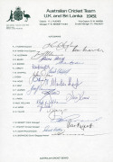 AUSTRALIAN TEAM SHEETS comprising 1980 Centenary Test Tour of England (Greg Chappell, Capt.) with 14 signatures; 1981 U.K. and Sri Lanka Tour (Kim Hughes, Capt.) with 20 signatures; 1985 Tour to England (Alan Border, Capt.) with 17 signatures; and 1989 To - 2