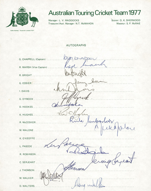 AUSTRALIAN TEAM SHEETS comprising 1972 Australian Touring Team (Ian Chappell, Capt.) with 17 signatures; 1975 World Cup Team to Canada & U.K. (Ian Chappell, Capt.) with 19 signatures; 1977 Centenary Test team photo (Greg Chappell, Capt.) surrounded by 14