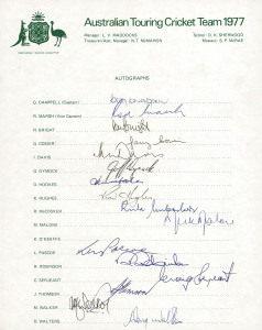 AUSTRALIAN TEAM SHEETS comprising 1972 Australian Touring Team (Ian Chappell, Capt.) with 17 signatures; 1975 World Cup Team to Canada & U.K. (Ian Chappell, Capt.) with 19 signatures; 1977 Centenary Test team photo (Greg Chappell, Capt.) surrounded by 14 