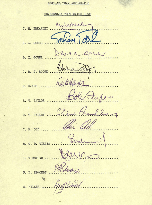 ENGLAND TEST MATCH TEAM SHEETS: Comprising 1978 Headingley Test (Brearley, Capt.) with 12 signatures; 1984/85 England Cricket Tour (Gower, Capt.) with 20 signatures; 1989 First Test v Australia at Headingley (Gower, Capt.) with 12 signatures; World Cup 19