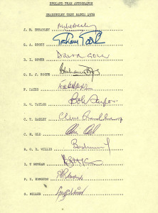 ENGLAND TEST MATCH TEAM SHEETS: Comprising 1978 Headingley Test (Brearley, Capt.) with 12 signatures; 1984/85 England Cricket Tour (Gower, Capt.) with 20 signatures; 1989 First Test v Australia at Headingley (Gower, Capt.) with 12 signatures; World Cup 19