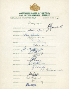 AUSTRALIA in ENGLAND 1953: Official team sheet titled "AUSTRALIAN XI CORONATION TOUR" fully signed in ink with Hassett (Capt.), Morris (Vice Capt.), Benaud, Craig, Davidson, Harvey, Lindwall, Miller, Ring and the 8 others. A very fine and fresh example.