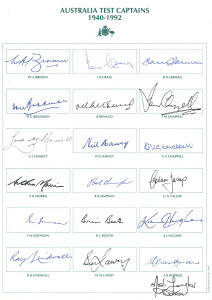 AUSTRALIAN TEST CAPTAINS headed sheet of card with the printed names and original signatures of 19 Australian Cricket Team captains from 1946 to 1992 including Bill Brown, Ian Craig, Don Bradman, Richie Benaud, Lindsay Hassett, Neil Harvey, Arthur Morris,