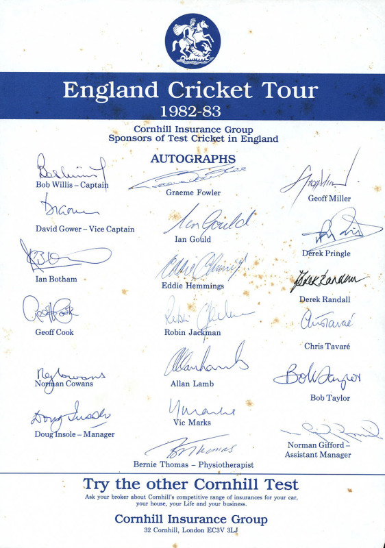 ENGLAND IN AUSTRALIA: Official Team sheets comprising England Cricket Tour 1982-83 (Willis, Capt.) with 19 signatures (some foxing); England Cricket Tour of Australia 1986/7 (Gatting, Capt.) with 20 signatures; 1991 South Australian Cricket Association En