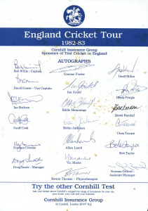 ENGLAND IN AUSTRALIA: Official Team sheets comprising England Cricket Tour 1982-83 (Willis, Capt.) with 19 signatures (some foxing); England Cricket Tour of Australia 1986/7 (Gatting, Capt.) with 20 signatures; 1991 South Australian Cricket Association En