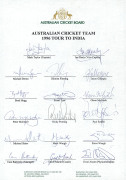 AUSTRALIA in INDIA 1979-98: A group of three signed Australian team sheets comprising the 1979 Tour (Kim Hughes, Capt.), the 1996 Tour (Mark Taylor, Capt.) and the 1998 Tour (Mark Taylor, Capt.) with 49 original autographs. - 2