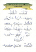 AUSTRALIA in INDIA 1979-98: A group of three signed Australian team sheets comprising the 1979 Tour (Kim Hughes, Capt.), the 1996 Tour (Mark Taylor, Capt.) and the 1998 Tour (Mark Taylor, Capt.) with 49 original autographs. - 3